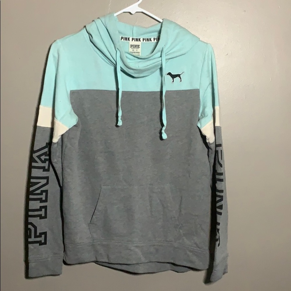 Pink color blocked, crossed cowl neck hoodie